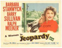 4d535 JEOPARDY LC #4 '53 c/u of Ralph Meeker asleep on Barbara Stanwyck, John Sturges film noir!