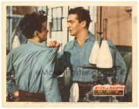 4d552 KISS OF DEATH LC #7 '47 close up of Victor Mature grabbing young guy, film noir classic!