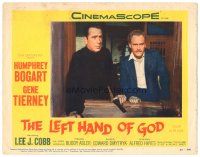 4d575 LEFT HAND OF GOD LC #8 '55 close up of priest Humphrey Bogart holding gun & E.G. Marshall!