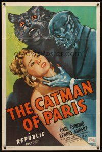 5k084 CATMAN OF PARIS 1sh '46 really cool horror art of feline monster attacking sexy girl!