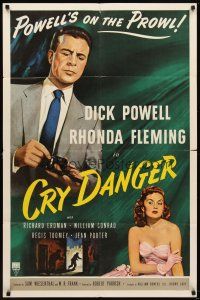 5k090 CRY DANGER 1sh '51 great film noir art of Dick Powell loading gun + sexy Rhonda Fleming!