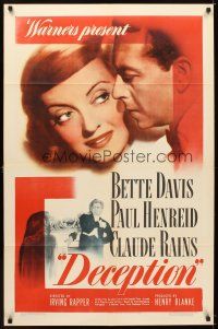 5k092 DECEPTION 1sh '46 great headshot art of Bette Davis, Paul Henreid, Claude Rains