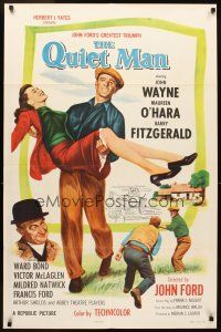 5k121 QUIET MAN 1sh R57 great image of John Wayne carrying Maureen O'Hara, John Ford