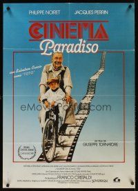 5k265 CINEMA PARADISO Spanish '89 great image of Philippe Noiret & Salvatore Cascio on bike!