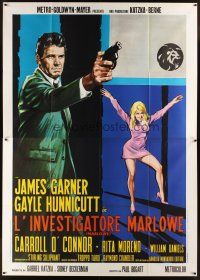 5r141 MARLOWE Italian 2p '69 cool different art of sexy Sharon Farrell & James Garner with gun!