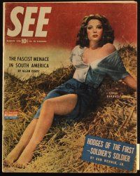 6b382 SEE magazine March 1945 sexiest c/u of Linda Darnell sitting in hay from Summer Storm!