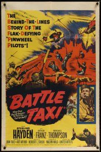 6c095 BATTLE TAXI 1sh '55 Sterling Hayden, Arthur Franz, fiery action art of helicopter rescue!