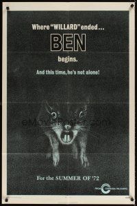 6c104 BEN teaser 1sh '72 Joseph Campanella, Arthur O'Connell, great image of rat!