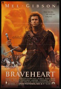 6c161 BRAVEHEART advance 1sh '95 cool image of Mel Gibson as William Wallace!