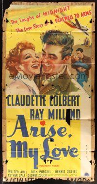 6h500 ARISE MY LOVE 3sh '40 great art of newspaper reporter Claudette Colbert & Ray Milland!