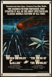 6k966 WHEN WORLDS COLLIDE/WAR OF THE WORLDS 1sh '77 cool sci-fi art of rocket in space by Berkey!