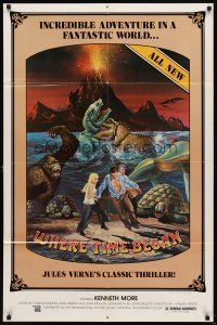 6k969 WHERE TIME BEGAN 1sh '76 Jules Verne, cool art of stars running from gigantic monsters!