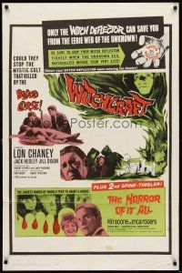 6k981 WITCHCRAFT/HORROR OF IT ALL 1sh '64 Lon Chaney Jr., Pat Boone, spine-tinglers!