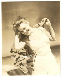 7j684 FRANCES NEAL 7.5x9.5 still '41 sexy smiling portrait in swimsuit holding towel on beach!