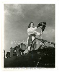 7j782 JET PILOT 8x10 still '57 Janet Leigh standing in jet cockpit about to put on helmet!