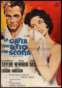 7k532 CAT ON A HOT TIN ROOF Italian 1p R66 Campeggi art of Elizabeth Taylor & Paul Newman!