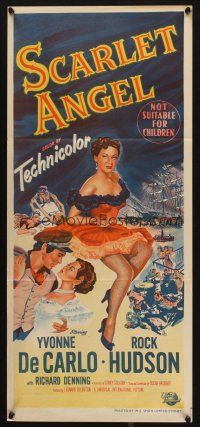 7m836 SCARLET ANGEL Aust daybill '52 artwork of sailor Rock Hudson & sexy Yvonne DeCarlo!