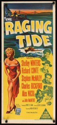 7w706 RAGING TIDE Aust daybill '51 art of sexy bad girl Shelley Winters & ship in ocean!