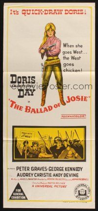 8c320 BALLAD OF JOSIE Aust daybill '68 art of quick-draw Doris Day pointing shotgun!