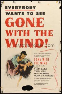 8f355 GONE WITH THE WIND 1sh R47 romantic art of Clark Gable & Vivien Leigh, all-time classic!