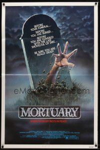 8f665 MORTUARY 1sh '83 Satanic cult, cool artwork of hand reaching up from grave!