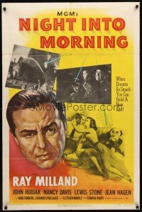 8f701 NIGHT INTO MORNING style B 1sh '51 great dramatic art of alcoholic Ray Milland & family!