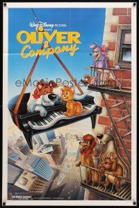 8f727 OLIVER & COMPANY 1sh '88 great image of Walt Disney cats & dogs in New York City!