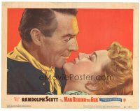 8g807 MAN BEHIND THE GUN LC #1 '52 best romantic close up of Randolph Scott & Patrice Wymore!