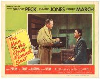 8g810 MAN IN THE GRAY FLANNEL SUIT LC #5 '56 c/u of Fredric March talking to seated Gregory Peck!