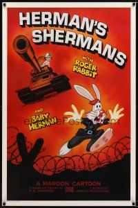 8h321 HERMAN'S SHERMANS Kilian 1sh '88 great art of Roger Rabbit running from Baby Herman in tank!