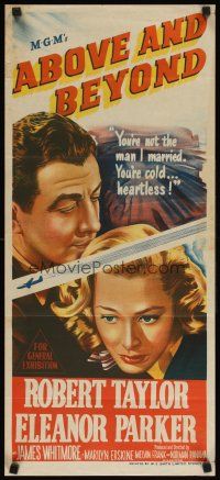 8t367 ABOVE & BEYOND Aust daybill '52 artwork of pilot Robert Taylor & pretty Eleanor Parker!