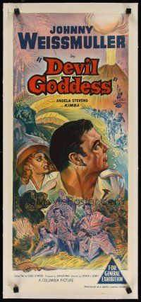 9d088 DEVIL GODDESS linen Aust daybill '55 Johnny Weissmuller is NOT Jungle Jim, cool stone litho!