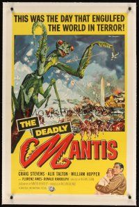 9d232 DEADLY MANTIS linen 1sh '57 classic art of soldiers attacking giant insect by Ken Sawyer!