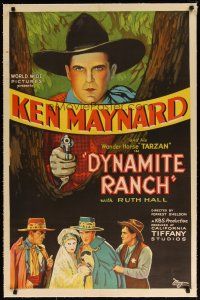 9d240 DYNAMITE RANCH linen 1sh '32 wonderful stone litho of cowboy Ken Maynard pointing gun!