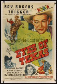 9d246 EYES OF TEXAS linen 1sh '48 art of Texas + Roy Rogers close up & riding on Trigger!