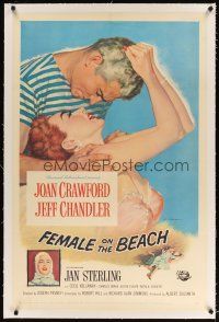 9d249 FEMALE ON THE BEACH linen 1sh '55 romantic close up art of Joan Crawford and Jeff Chandler!