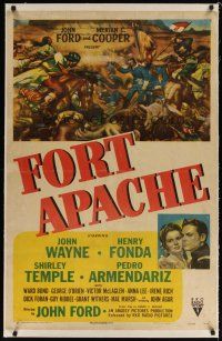 9d251 FORT APACHE linen 1sh '48 John Ford, John Wayne, Henry Fonda, Shirley Temple, plus cool art!