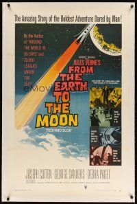 9d253 FROM THE EARTH TO THE MOON linen 1sh '58 Jules Verne's boldest adventure dared by man!