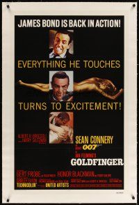 9d259 GOLDFINGER linen 1sh R80 three great images of Sean Connery as James Bond 007!