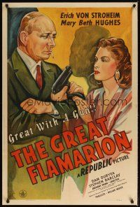 9d262 GREAT FLAMARION linen 1sh '45 Erich Von Stroheim seduced & duped by bad Mary Beth Hughes!