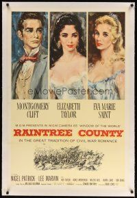 9d338 RAINTREE COUNTY linen 1sh '57 art of Montgomery Clift, Elizabeth Taylor & Eva Marie Saint!