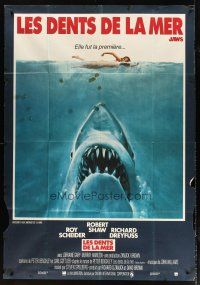 1e536 JAWS French 1p '75 art of Steven Spielberg's classic man-eating shark attacking sexy swimmer!