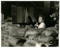 1h727 OUTPOST IN MALAYA English 7.5x9.5 still '52 best c/u of Claudette Colbert with huge gun!