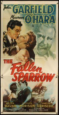 1s569 FALLEN SPARROW 3sh '43 great romantic artwork of John Garfield & sexy Maureen O'Hara!