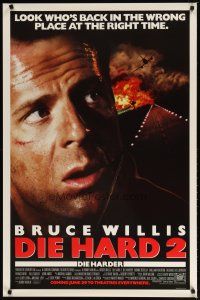 2b254 DIE HARD 2 advance DS 1sh '90 tough guy Bruce Willis is in the wrong place at the right time!