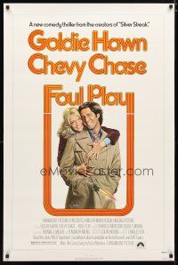 2b323 FOUL PLAY 1sh '78 wacky Lettick art of Goldie Hawn & Chevy Chase, screwball comedy!