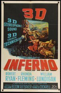 2j469 INFERNO 1sh '53 3-D image of William Lundigan & Rhonda Fleming embracing over audience!