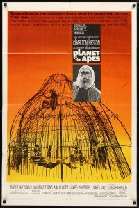 2j668 PLANET OF THE APES 1sh '68 Charlton Heston, classic sci-fi, cool art of caged humans!