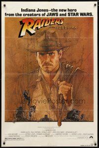 2j700 RAIDERS OF THE LOST ARK 1sh '81 great art of adventurer Harrison Ford by Amsel!