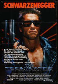 2j875 TERMINATOR 1sh '84 close up of most classic cyborg Arnold Schwarzenegger with gun!